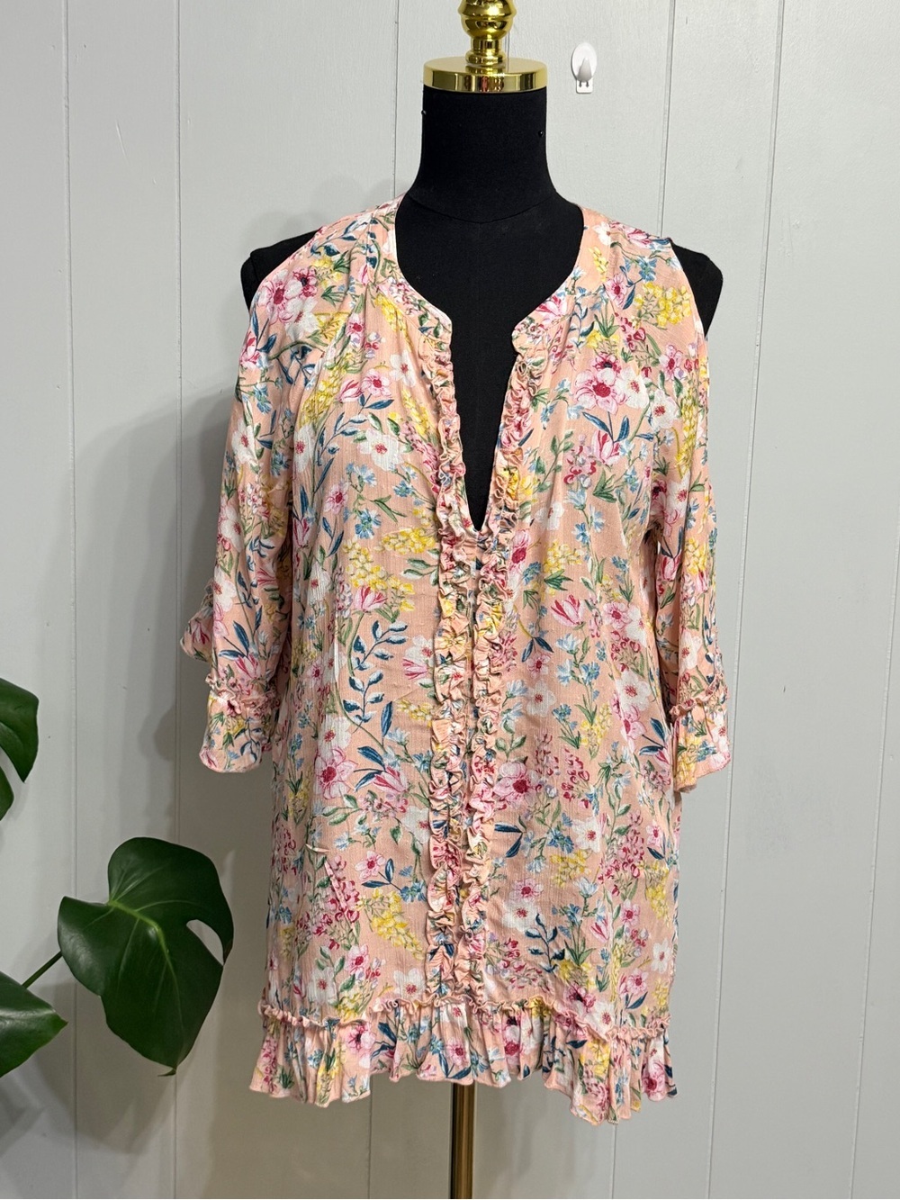 #10) Democracy Pink Floral Ruffle-Front Tunic